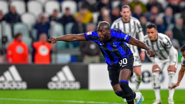 Inter Milan striker Romelu Lukaku pictured taking a penalty kick to score against Juventus in a Coppa Italia semi-final in April 2023
